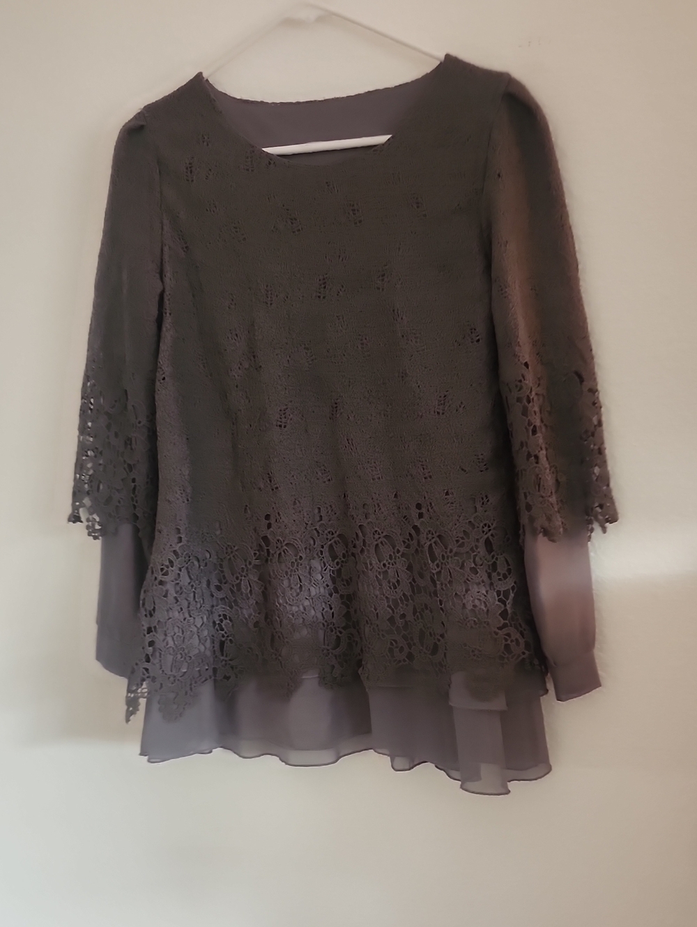 Lace Overlay Chiffon Hem Blouse - Taupe
